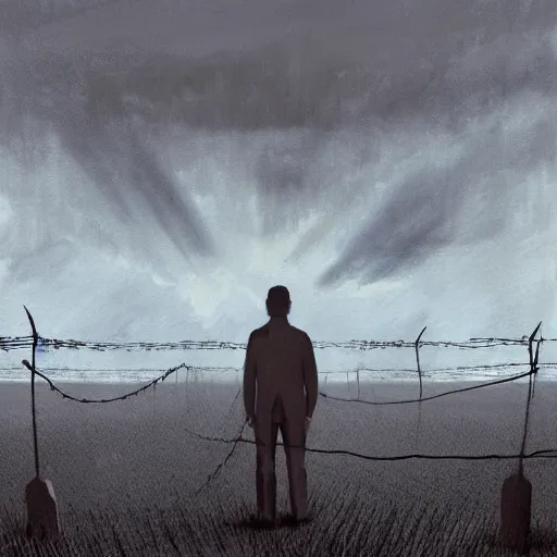 Image similar to a dystopian matte painting of a scared man standing in front of a fence with barbed wire, clouded sky by emiliano ponzi, james gilleard, george ault, david hockney, atey ghailan, albert namatjira, marius borgeaud, minimalist, bauhaus, retrofuturism, concept art, matte background, matte drawing, generative art