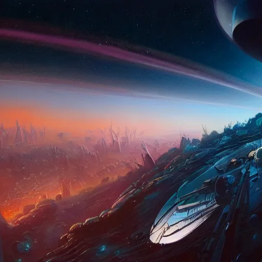 Prompt: a beautiful painting of a grand glistening city on the side of a flying asteroid in open air deep dark space, small mushrooms cover the asteroid, full subject in view, by john harris, mark rothko, rendered in unreal engine, trending on artstation, epic scale fisheye view, deviantart, cyberpunk, 4 k