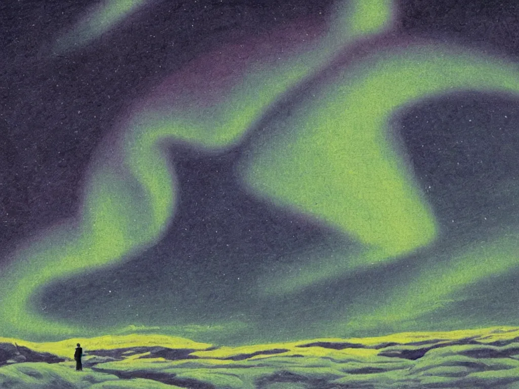 Image similar to northern lights in the art style of Theodor Kittelsen