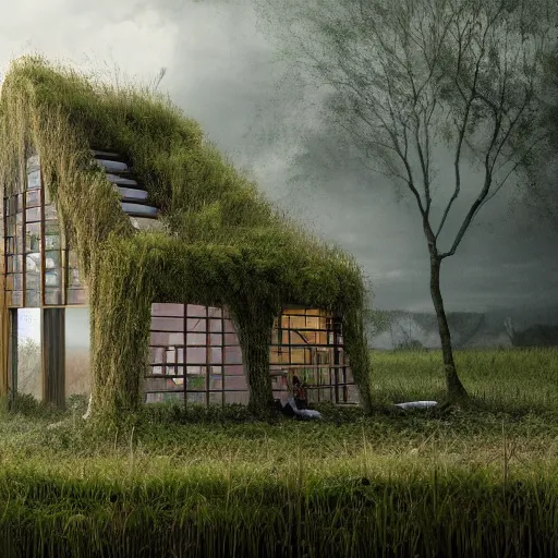 Image similar to beautiful organic house made of imaginary plants in a swamp, architectural render, chillwave, by isaac cordal, gabriel dawe, skottie young and jessica rossier, blender, vegetal architecture, junglepunk, trending on artstation.