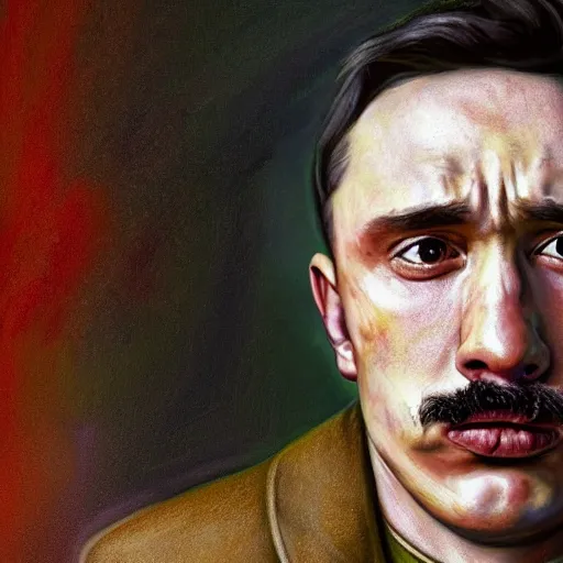 Image similar to hyperrealistic mixed media high resolution painting of James Franco disguised as Adolf Hitler eating a bagel, stunning 3d render inspired art by István Sándorfi and Greg Rutkowski and Unreal Engine, perfect facial symmetry, dim volumetric lighting, 8k octane beautifully detailed render, full body shot, post-processing, extremely hyper-detailed, intricate, epic composition, highly detailed attributes, highly detailed atmosphere, cinematic lighting, masterpiece, trending on artstation, very very detailed, masterpiece, stunning, flawless structure, lifelike texture, perfection,