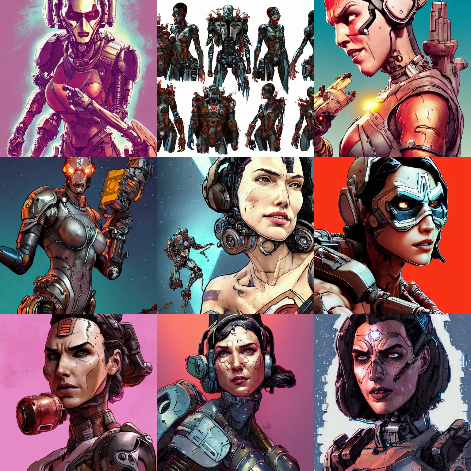 Prompt: a study of cell shaded portrait of gal gadot cyborg as Borderlands 3 concept art, llustration, post grunge, concept art by josan gonzales and wlop, by james jean, Victo ngai, David Rubín, Mike Mignola, Laurie Greasley, highly detailed, sharp focus, alien, Trending on Artstation, HQ, deviantart, art by artgem