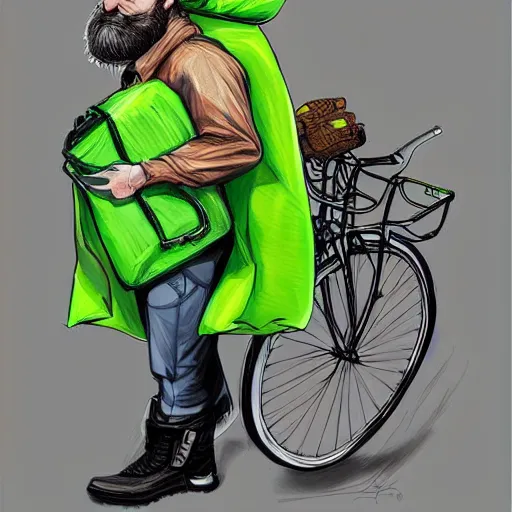 Prompt: a bearded and long haired bicycle food delivery worker with a green bag on his back in ireland, he has boots, by Artgerm, fantasy epic digital art, trending on Artstation