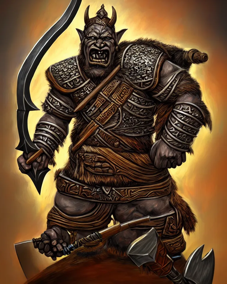 Image similar to a portrait of an orc warrior holding a metal battle axe with an intricate wooden carved hilt, in the style of riot games arcane