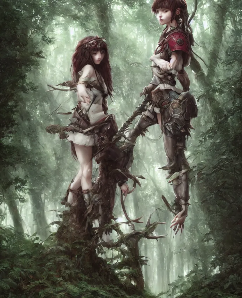 Image similar to portrait of Princess Mononoke girl, fully clothed in armor, lush forest landscape, painted by tom bagshaw, proko, artgerm, norman rockwel, james gurney, denoised, sharp, architectural