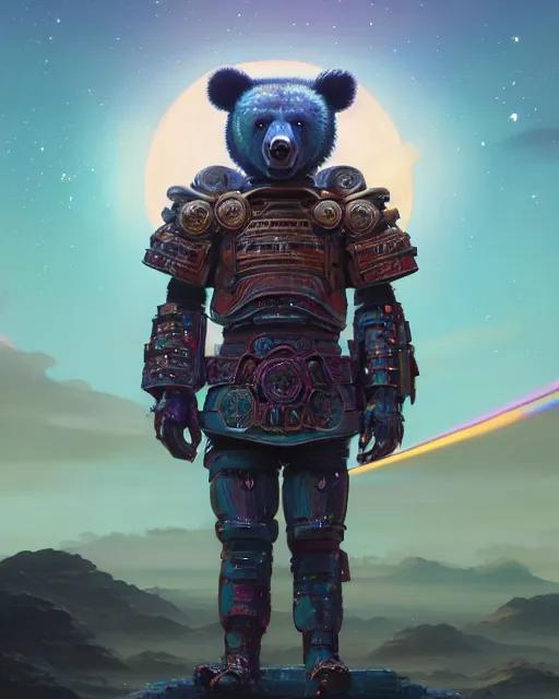 Image similar to highly detailed surreal vfx portrait of a metallic chromatic samurai bear in front of planets filled sky, stephen bliss, unreal engine, greg rutkowski, loish, rhads, beeple, makoto shinkai and lois van baarle, ilya kuvshinov, rossdraws, tom bagshaw, alphonse mucha, global illumination, detailed and intricate environment