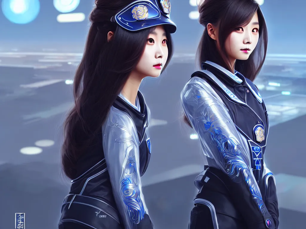 Prompt: portrait tzuyu, futuristic taiwan police uniform female, at future neon light rooftop, ssci - fi and fantasy, intricate and very very beautiful and elegant, highly detailed, digital painting, artstation, concept art, smooth and sharp focus, illustration, art by tan zi and ayanamikodon and alphonse mucha and wlop