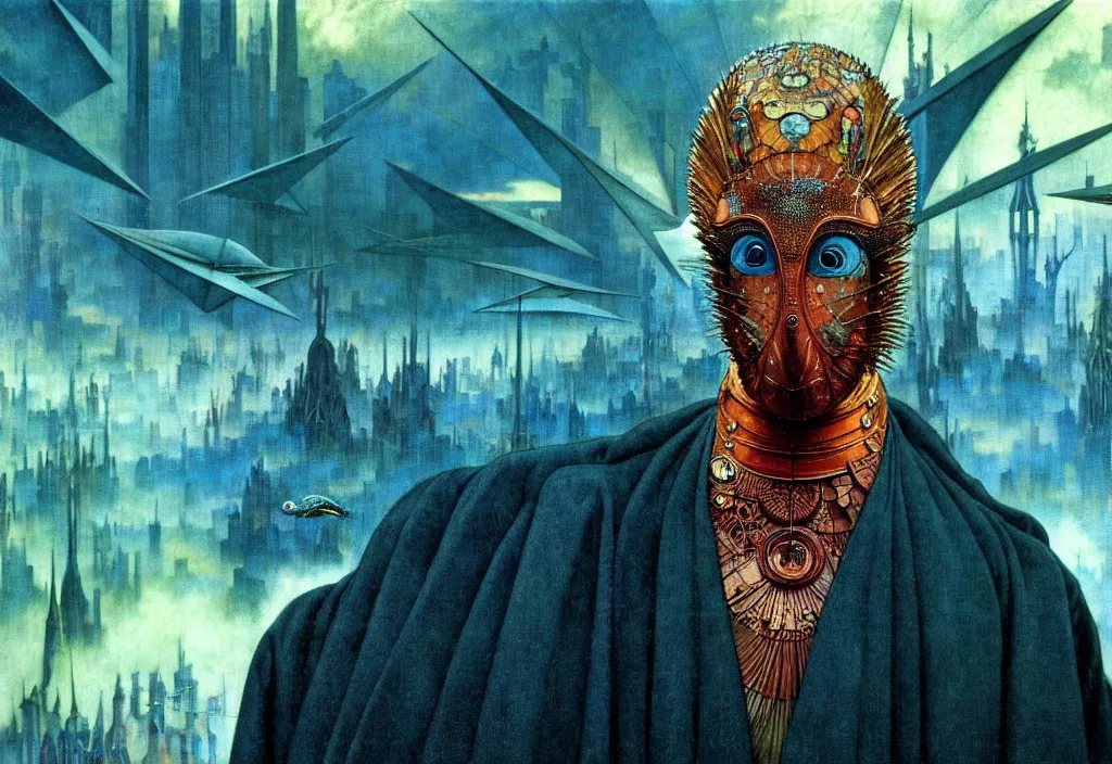 Image similar to realistic detailed portrait movie still of a birdman wearing dark robes, sci fi city landscape background by denis villeneuve, amano, yves tanguy, alphonse mucha, ernst haeckel, max ernst, roger dean, masterpiece, rich moody colours, blue eyes, snarling dog teeth