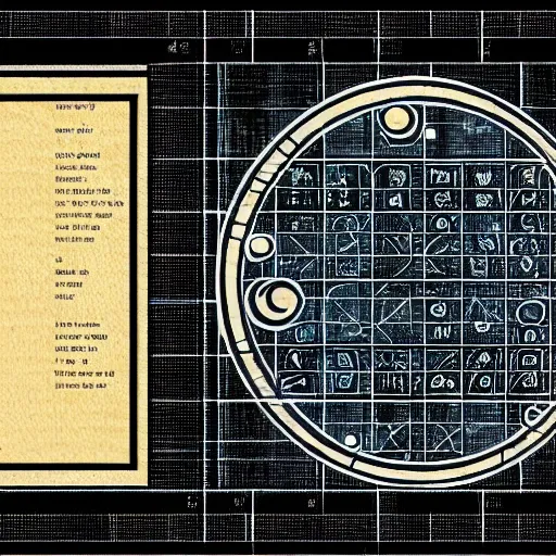 Image similar to a paper with the grammar rules of an alien language in the form of squares and circles