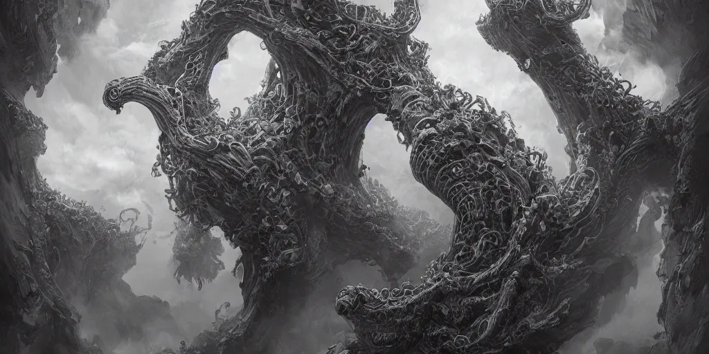 Prompt: epic hyperdetailed portrait of 🐙🕷 lurking in above the clouds, by nicholas delort, highly detailed matte painting, digital painting, artstation, concept art, smooth, graphic black and white. intricate, elegant.
