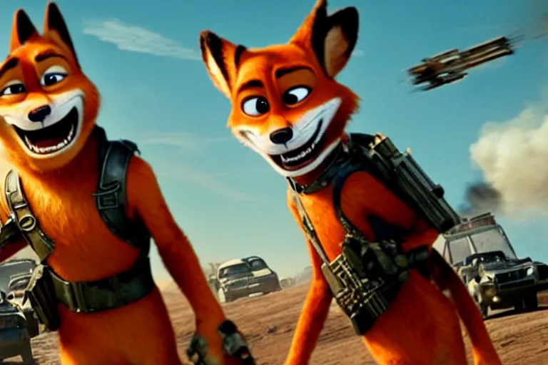 Image similar to nick wilde, heavily armed and armored facing down armageddon in a dark and gritty reboot from the makers of mad max : fury road : witness me