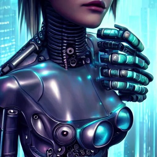 Image similar to Mechanical Cyberpunk Female Android, Upper-torso, intricate, elegant, super highly detailed, professional digital painting, artstation, concept art, smooth, sharp focus, no blur, no dof, extreme illustration, Unreal Engine 5, Photorealism, HD quality, 8k resolution, cinema 4d, 3D, beautiful, cinematic, art by artgerm and greg rutkowski and alphonse mucha and loish and WLOP