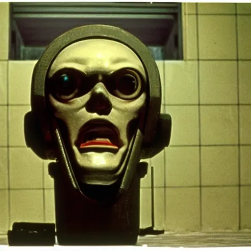 Image similar to Possession (1981) movie by Andrzej Żuławski, movie still, robot head and man head, dop