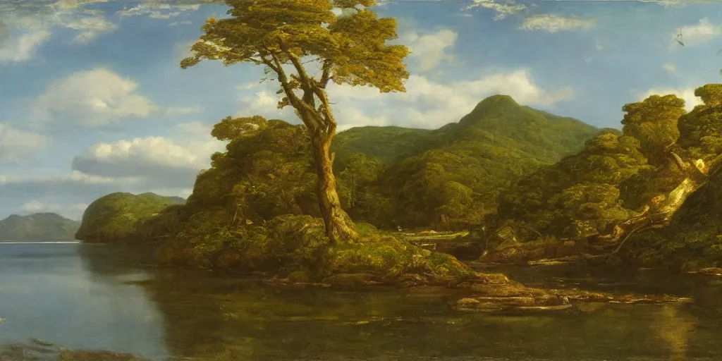 Prompt: landscape of a forested island in a calm sea, well lit, detailed, cinematic lighting, pre - raphaelite, oil painting