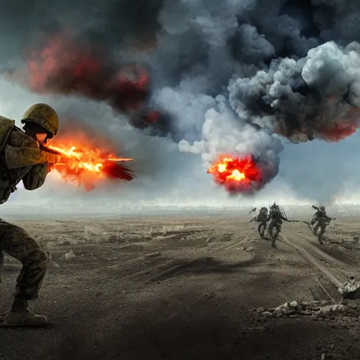 Image similar to hyper realism, realistic apocalyptic war scene, explosions, soldiers running