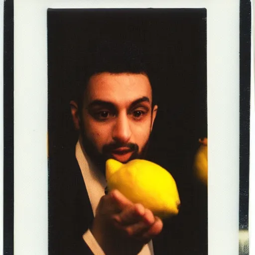 Prompt: polaroid photo of el fary sucking a lemon