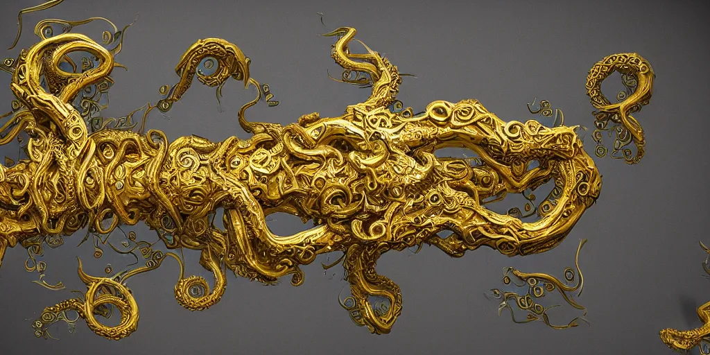 Prompt: a photo of 8k ultra realistic corrupted lovecraftian golden sword, 8 intricate white and gold tentacles, ornate white and gold armour, cinematic lighting, trending on artstation, 4k, hyperrealistic, focused, extreme details, unreal engine 5, cinematic, masterpiece