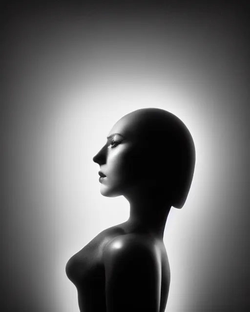 Image similar to black and white high quality photo of a beautiful female vegetal-cyborg looking into a sci-fi mirror, volumetric lighting, brutalism, foggy, dreamy, hyperdetailed, bokeh, photorealistic, cinematic, masterpiece, elegant, dark, by Man Ray in the style of Horst P. Horst, octane render, 8K,