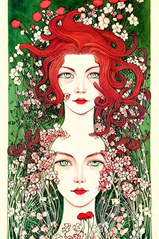 Prompt: realistic face of beautiful woman with red hair with flowers growing around, flower frame, detailed art by kay nielsen and walter crane, illustration style, watercolor