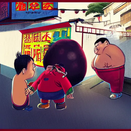 Prompt: A Chinese fat man is quarrelling with a Chinese local ruffian. The background is a watermelon stall on the street.,digital art,trending on artstation.