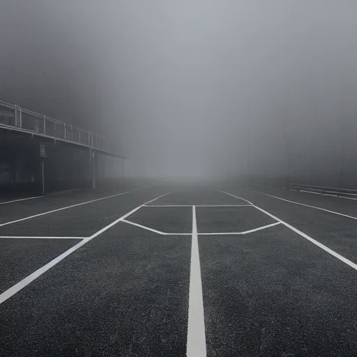 Prompt: empty carpark in the fog, night time, rain, cinematic, wide angle composition