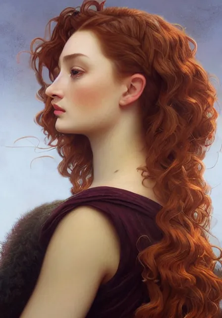 Prompt: sansa portrait in profile with a complex hairstyle with lots of curls, intricate, elegant, highly detailed, digital painting, artstation, concept art, smooth, sharp focus, illustration, art by artgerm and greg rutkowski and alphonse mucha and william - adolphe bouguereau