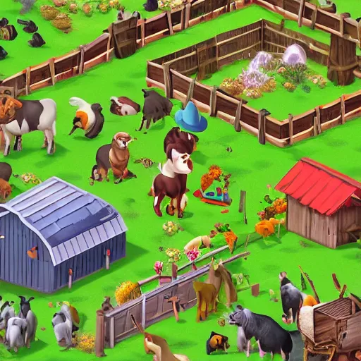 Image similar to a farm town game with lots of farm animals, a screenshot by cicely hey, artstation, magic realism, 2 d game art, isometric, full of details