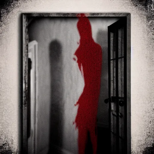 Prompt: Creepy ghost in motel room, red carpet | vintage scratched photo | Aesthetics of Silent Hill