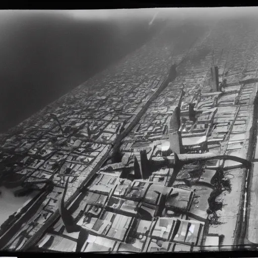 Image similar to a 1940s photograph of a city underwater