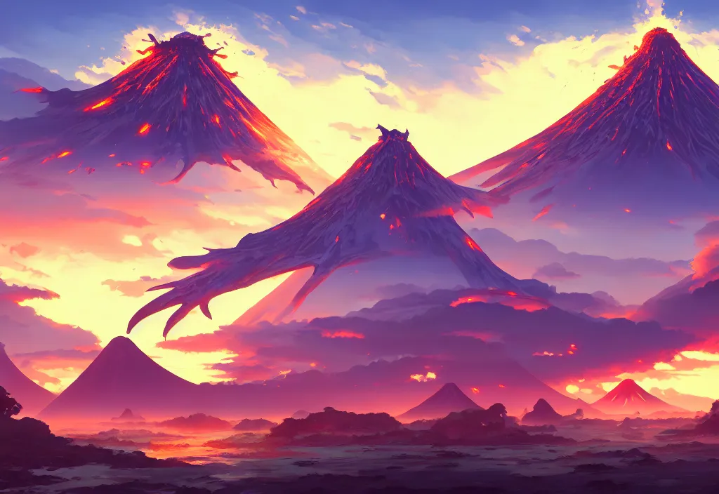 Image similar to giant fishbones with a volcano in the background, intricate oil painting, high detail illustration, sharp high detail, manga and anime 1 9 9 9, official fanart behance hd artstation by jesper ejsing and makoto shinkai, 4 k,
