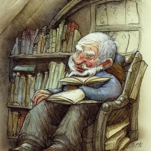 Image similar to whimsical fantastical a muted color watercolor sketch of a old man sitting in big chair next of a fireplace in his whimsical fantastical hobbit house living room surrounded by stacks of books from a whimsical fantastical story book character ifrom the book Baltimore & Redingote by Jean-Baptiste Monge of an old man in the style of by Jean-Baptiste Monge that looks like its by Jean-Baptiste Monge and refencing Jean-Baptiste Monge