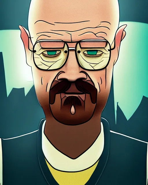 Image similar to portrait of walter white in the style of justin roiland. heisenberg from breaking bad. cinematic lighting. style of rick & morty. photographic, photography. by justin roiland