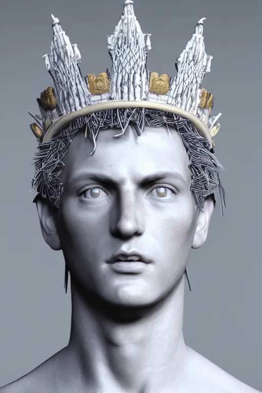 Image similar to full marble baroque style sculpture of handsome young seductive Spanish prince with a spiky hair, wearing a crown made out of woven pipe cleaners, background floating in outer space, photorealism, octane render, artgem, Trending on artstation