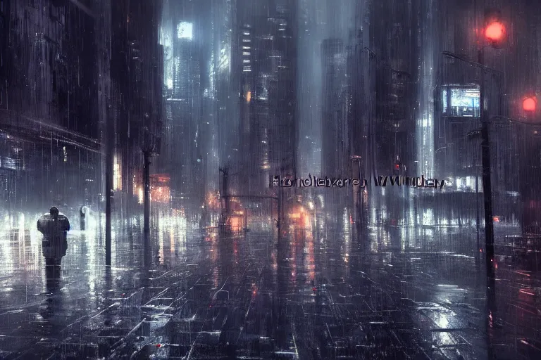 Image similar to a dystopian city at night, heavy rain, by wlop, high quality