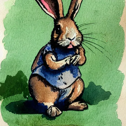 Image similar to a rabbit wearing a white ww1 uniform, watercolour