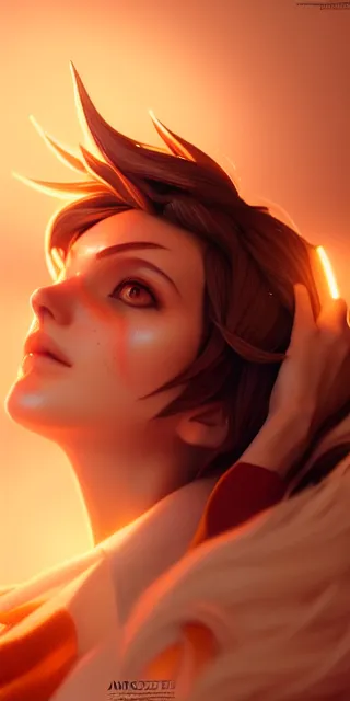 Prompt: tracer by charlie bowater and anna dittmann and artgerm and clemens ascher, intricate, elegant, orange and brown and peach mist, highly detailed, dramatic lighting, sharp focus, octane render, trending on artstation, artstationhd, artstationhq, unreal engine, 4 k, 8 k