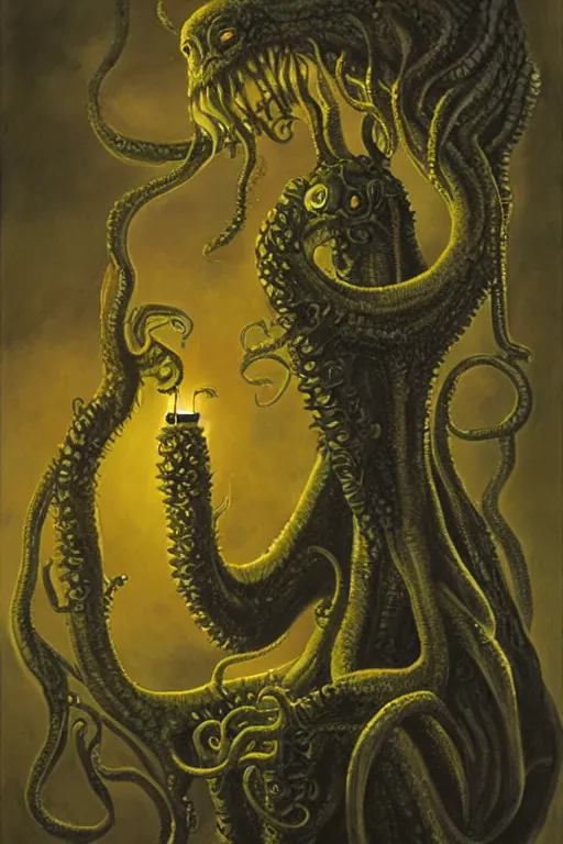 Image similar to Hastur drinking a can of Natural Light Beer, character art, concept art, painting by Gerald Brom, the king in yellow, eldrich tentacle monster