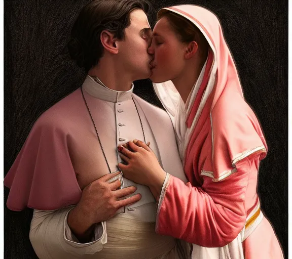 Image similar to photography of a pope kissing the breast of a sensual woman, deep focus, intricate, elegant, highly detailed, digital painting, artstation, concept art, matte, sharp focus, illustration, art by artgerm and greg rutkowski and alphonse mucha