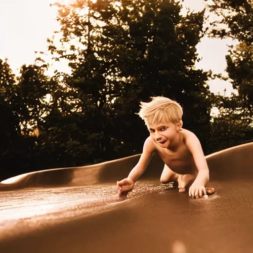 Prompt: Blonde boy playing on a slip and slide, 35mm, award winning photo, beautiful lighting, summer
