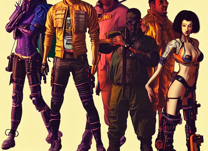 Image similar to cyberpunk samurai squad. portrait by stonehouse and mœbius and will eisner and gil elvgren and pixar. character design. realistic proportions. cyberpunk 2 0 7 7 character art, blade runner 2 0 4 9 concept art. cel shading. attractive face. thick lines. the team. diverse characters. artstationhq.