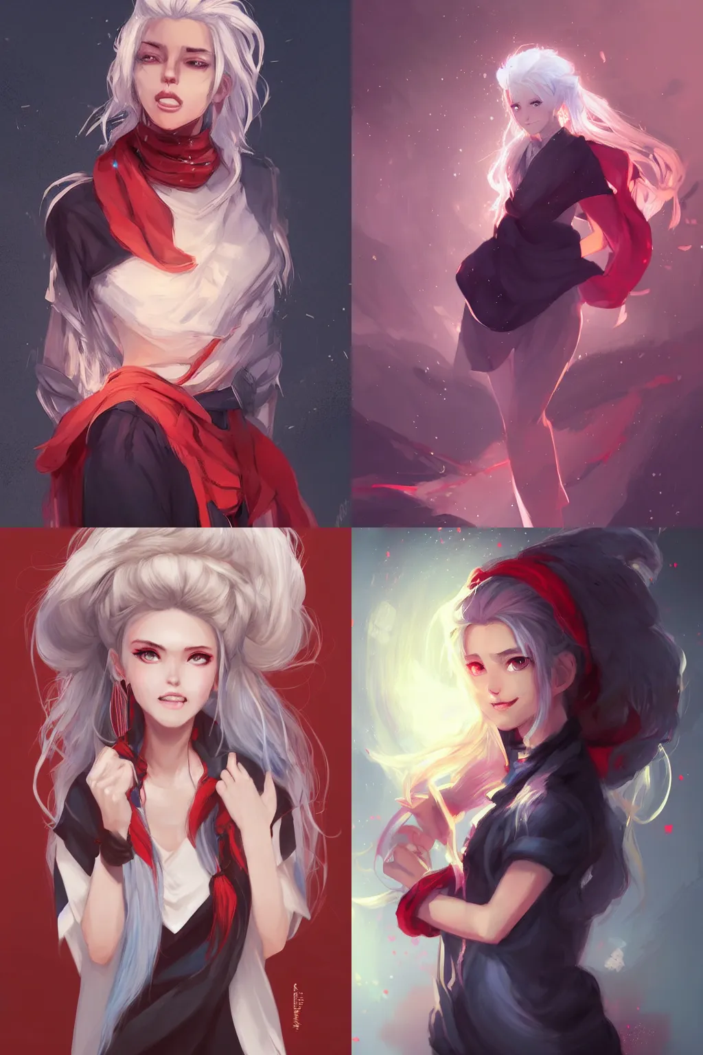 Prompt: portrait of a pretty girl sorcerer with white hair in a messy hairbun. She is wearing a short black tshirt, jeans pants, a red scarf. magic atmosphere, digital art, character design. in the style of wlop, rossdraws, artstation trending