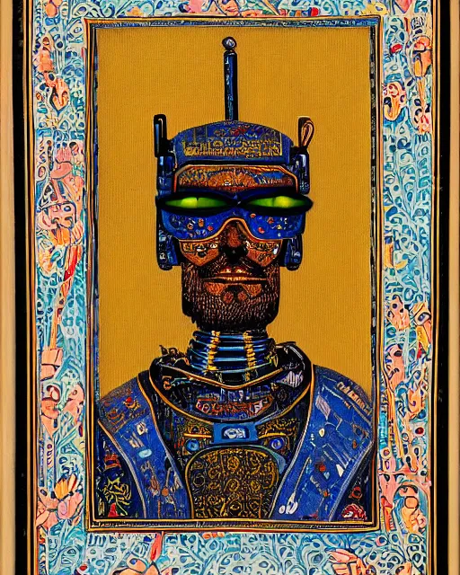 Prompt: Persian miniature portrait of a robot saint made of cables and robotic pod