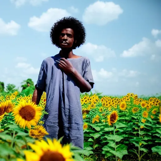 Prompt: east african man with curly hair in a studio ghibli film, animation, field of sunflowers, dreamy, roaming, curious, colorful, intricate details