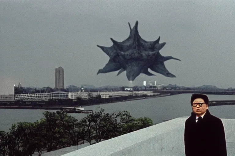 Image similar to a filmstill of Kim Jong-il looking at Starro Kaiju monster destroying Pyongyang, in Stalker (1979) by Andreï Tarkovski, traditional Korean city, palace, epic ultrawide shot, cinémascope