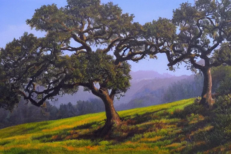 Image similar to masterpiece painting of oak trees on a hillside overlooking a creek, dramatic lighting, by charles santore