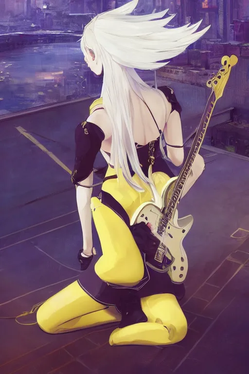 Prompt: a white haired girl with a guitar on her back sitting on the floor taking off her socks, and eye - catching yellow assents, s line, 4 5 angel by krenz cushart and mucha and akihito yoshida and greg rutkowski, nier : automata inspired, 4 k resolution