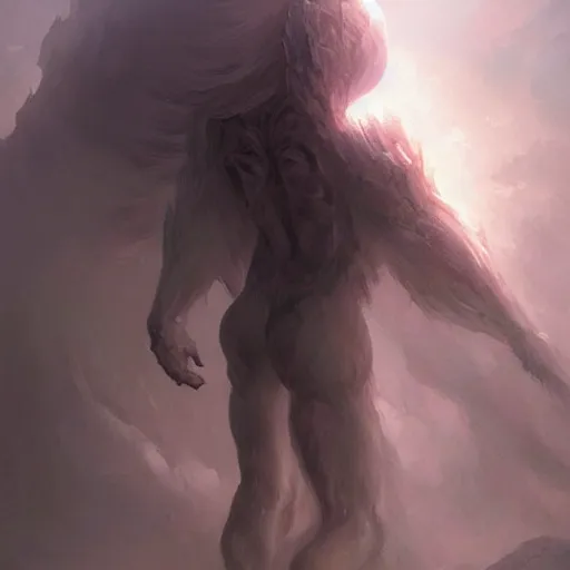 Image similar to a beautiful terrifying immense pale humanoid giant looms over a tiny human. ethereal horror fantasy art by artgerm and greg rutkowski