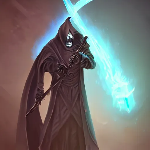 Image similar to grim reaper with a blue glowing scythe, digital art, digital painting, 4 k, hd, artstation, devian art, highly detailed