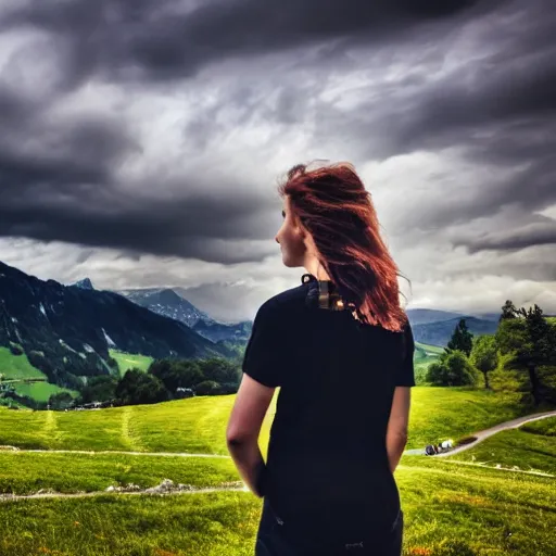 Image similar to a beautiful photograph of a girl with switzerland landscape in the background with trees, hdr, 8 k, high quality, sharp focus, artstation, highly detailed, award - winning, dramatic lighting, beautiful clouds, and nature