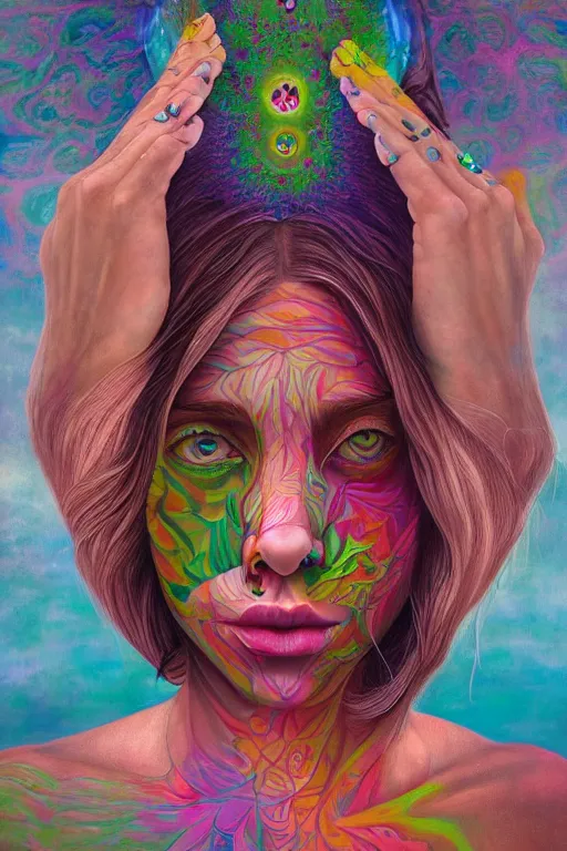 Image similar to acid tripping midsommer girl third eye open, chakra energy waves resonating from her body, ethereal aura, epic surrealism 8k oil painting, portrait, perspective, high definition, post modernist layering, by Sean Yoro, Casey Weldon